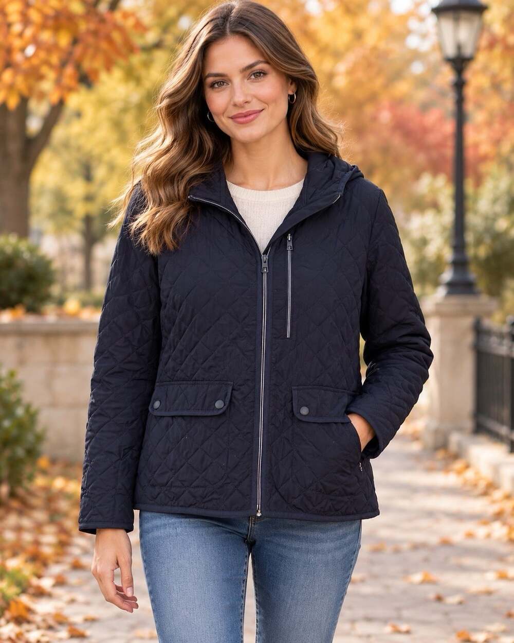 J Crew Quilted Jacket Navy Blue Women M Hood PimaLoft Insulated Zip Jacket Coat